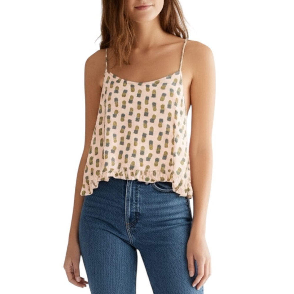 Jennyfer France pink flowy pineapple print ruffle hem tank top L